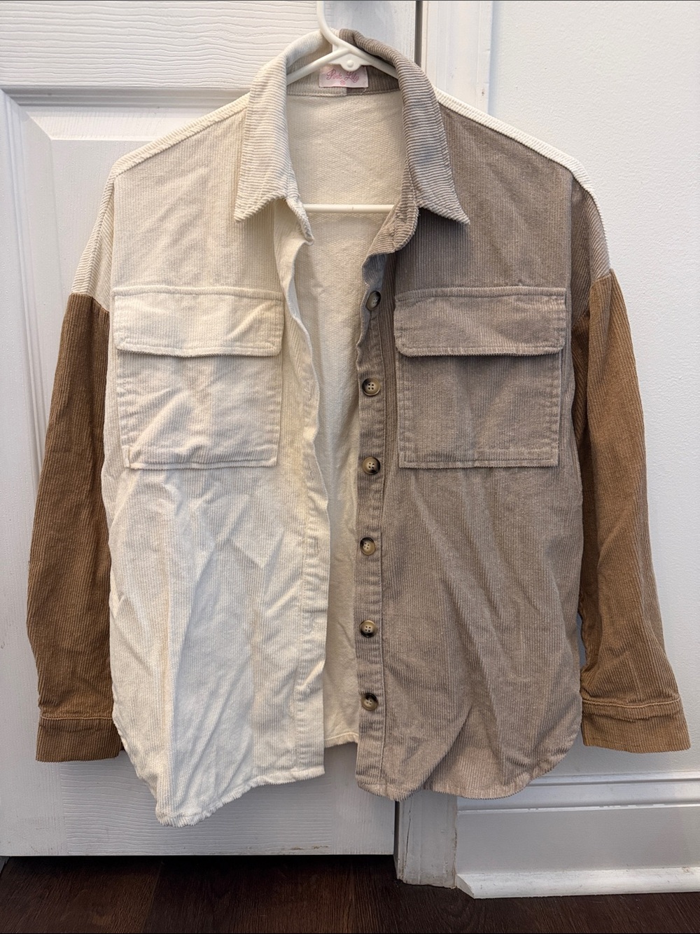 Pink Lily Colorblock Corduroy Shirt Jacket in Cream & Brown